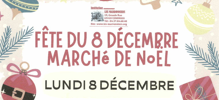 Affiche de la fête du 8 décembre Marronniers avec marché de Noël et activités pour les familles